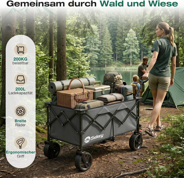 Sekey XXL Plus 4011 Handcart Foldable 200 L 200 kg All-Terrain Tyres | Folding handcart extra wide wheels with brake hand cart, patented 4-way instant assembly transport trolley, anthracite