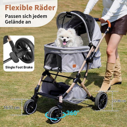 EchoSmile One-button folding dog pram, dog buggy up to 20 kg for small, medium dogs and cats, dog buggy and cat pram with reversible handle, shock absorption and removable washable pad (grey)