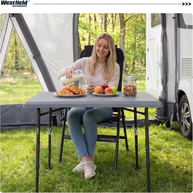 Westfield Outdoors Resino, Folding Camping Table, Height Adjustable, Folding Table, 100 x 68 cm, for 4-6 People, Robust ABS Table Top, Waterproof and Stable, for Camping, Garden, Picnic, Grey