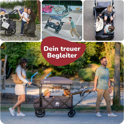 elvent SmartCruiser Premium Handcart - Foldable Handcart with Roof, Seat Cushion, Rear Bag, Parking Brake, Off-Road Tyres, 5-Point Harness, for 2 Children, Telescopic Pull Rod (Blue)