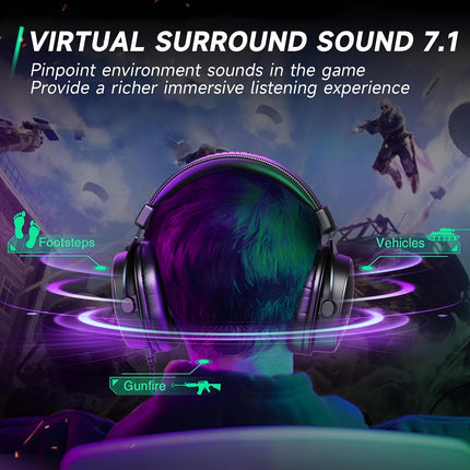 FIFINE Gaming Headset with Microphone, Over Ear Headphones with Cable, USB Headset for PC PS4 PS5 Xbox Switch, RGB Headphone with 7.1 Surround Sound and Ear Pads