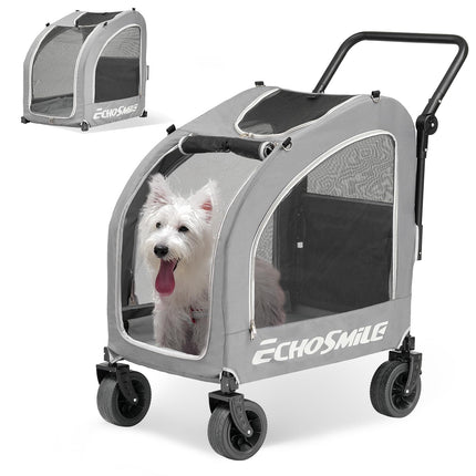 EchoSmile Dog Pram for Small and Medium Dogs up to 20 kg, Off-Road Foldable Dog Buggy with Double Brakes, Seat Belts in Car and Mesh Windows, Grey
