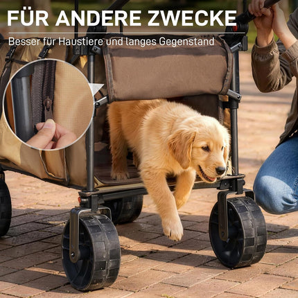 EVER ADVANCED XXL Handcart Foldable 225 L up to 150 kg with Brake Roof Hand Trolley Push & Pull Foldable Beach Trolley 20 x 8 cm Wide Wheels Folding Trolley for Camping Beach Shopping Animal Brown