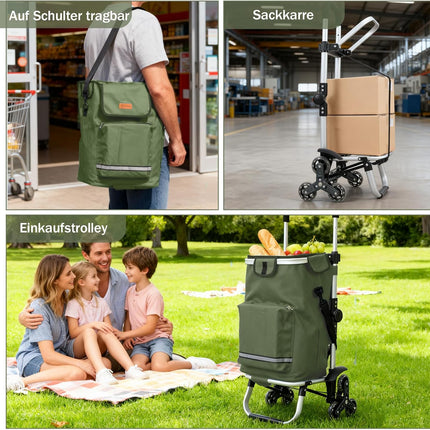 Sekey Shopping Trolley Stair Climber with 3 Wheels, 3-in-1 Folding Shopping Trolley for Seniors - No More Heavy Carry, Lightweight, with Cooler Compartment & Drinks Compartment, Olive Green