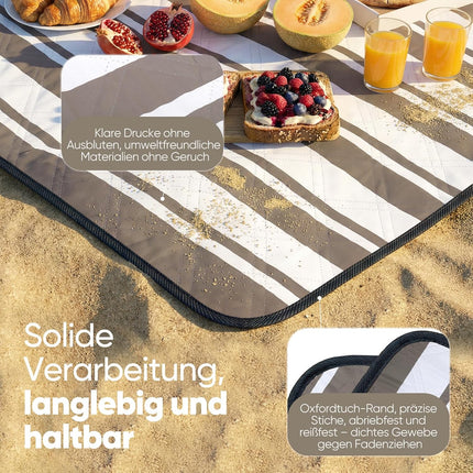 Sekey Picnic Blanket Waterproof 200 x 200 cm, Beach Blanket Sand-Free | Padded, Three-Layer Structure, PEVA Waterproof Base, Tie Strap Carry Strap, Suitable for Picnics, Camping, Beach