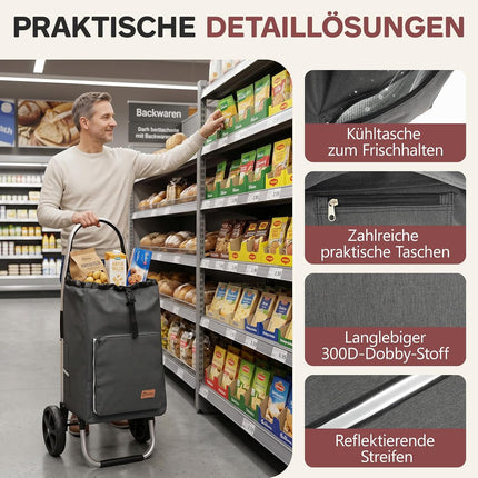 Sekey Foldable Shopping Trolley, XXL Shopping Bag with Cooling Compartment, Large Wheels, Aluminium Frame, Foldable Shopping Trolley for Shopping, Camping, Picnic and Everyday Life, Grey