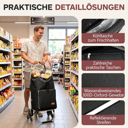 Sekey Shopping Trolley Stair Climber Foldable XXL Shopping Bag with Cooling Compartment, Aluminium Frame, 3 + 3 Wheels, Foldable Shopping Trolley, Shopping Trolley for Stairs and Everyday Life, Black