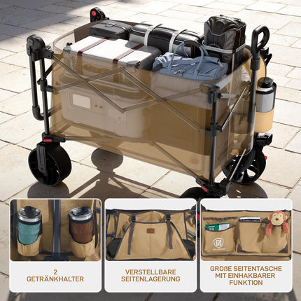 EVER ADVANCED XXL Handcart Foldable 225 L up to 150 kg with Brake Roof Hand Trolley Push & Pull Foldable Beach Trolley 20 x 8 cm Wide Wheels Folding Trolley for Camping Beach Shopping Animal Brown