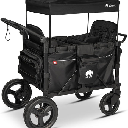elvent® FlexProfessional 4 Handcart 4-Seater TÜV-Certified I Folding Hand Trolley with Roof, 5-Point Harness, Parking Brake, 100 kg | Nursery & Day Care (Black)