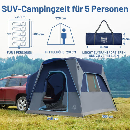 TIMBER RIDGE 5 Person UV Tent with Film Screen Weather Resistant Portable for Car, SUV, Van, Camping, Includes Rain Cover and Storage Bag, 3M W x 20cm L x 18cm H | 2000 mm Wasserdicht Camping Zelt SUV für Wohnwagen Familie Reise 305cmx245cm
