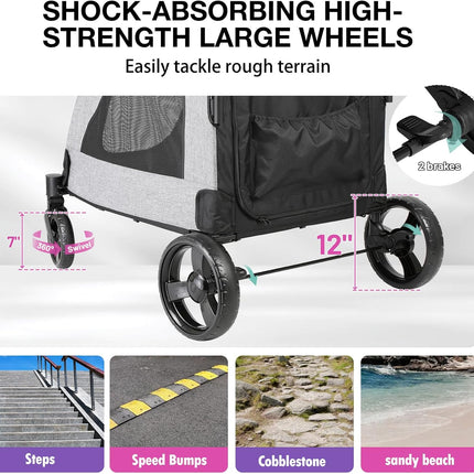 EchoSmile Dog Pram for Medium and Large Dogs up to 70 kg, Foldable Dog Buggy with Mesh Windows, Adjustable Handle and 4 Off-Road Wheels, Grey