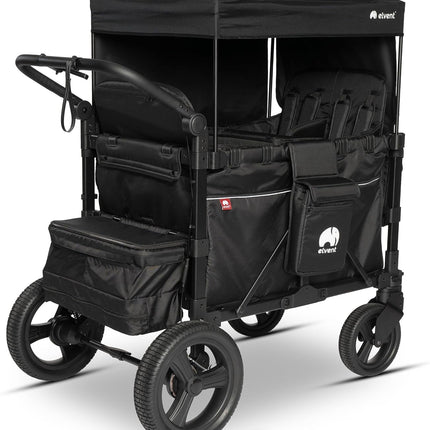 elvent® FlexProfessional 4 Handcart 4-Seater TÜV-Certified I Folding Hand Trolley with Roof, 5-Point Harness, Parking Brake, 100 kg | Nursery & Day Care (Black)