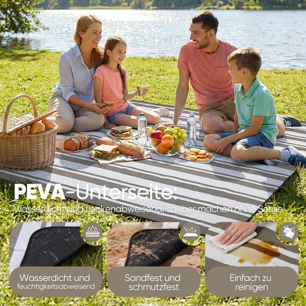 Sekey Picnic Blanket Waterproof 200 x 200 cm, Beach Blanket Sand-Free | Padded, Three-Layer Structure, PEVA Waterproof Base, Tie Strap Carry Strap, Suitable for Picnics, Camping, Beach