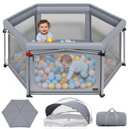 EVER ADVANCED Playpen Baby Foldable with Mattress Playpen Baby with Parasol, Safe Travel Run for Toddlers Indoor and Outdoor Use, Staibiler Children's Playpen 6 Square Playpen