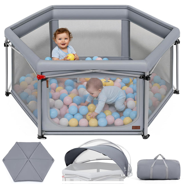 EVER ADVANCED Playpen Baby Foldable with Mattress Playpen Baby with Parasol, Safe Travel Run for Toddlers Indoor and Outdoor Use, Staibiler Children's Playpen 6 Square Playpen