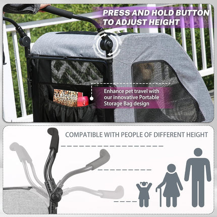 EchoSmile Dog Pram for Medium and Large Dogs up to 70 kg, Foldable Dog Buggy with Mesh Windows, Adjustable Handle and 4 Off-Road Wheels, Grey