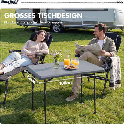 Westfield Outdoors Resino, Folding Camping Table, Height Adjustable, Folding Table, 100 x 68 cm, for 4-6 People, Robust ABS Table Top, Waterproof and Stable, for Camping, Garden, Picnic, Grey