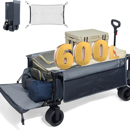 TIMBER RIDGE Handcart Foldable 600L Extra Long with Tailgate | Wide Tyre Brake 180 kg Hand Trolley with Side Pocket Drink Holder Adjustable Handle for All Terrain Camping Shopping