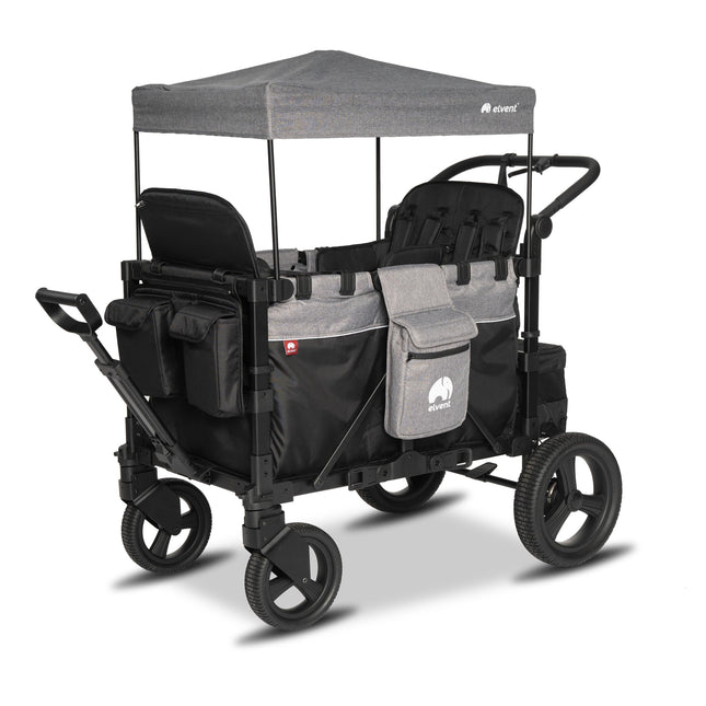 elvent® FlexProfessional 4 Handcart 4-Seater TÜV-Certified I Folding Hand Trolley with Roof, 5-Point Harness, Parking Brake, 100 kg | Nursery & Day Care (Black)
