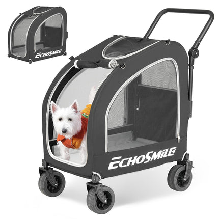 EchoSmile Dog Pram for Small and Medium Dogs up to 20 kg, Off-Road Foldable Dog Buggy with Double Brakes, Seat Belts in Car and Mesh Windows, Grey