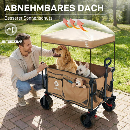 EVER ADVANCED XXL Handcart Foldable 225 L up to 150 kg with Brake Roof Hand Trolley Push & Pull Foldable Beach Trolley 20 x 8 cm Wide Wheels Folding Trolley for Camping Beach Shopping Animal Brown