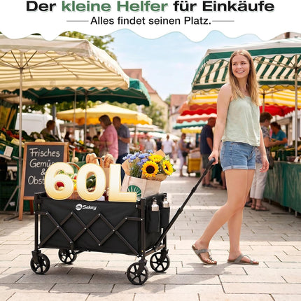 Sekey Handcart Foldable Mini 4029, Handcart Foldable Small 60L 80 kg | Foldable shopping cart camping trolley with height-adjustable handle, lightweight, space-saving and stable, black