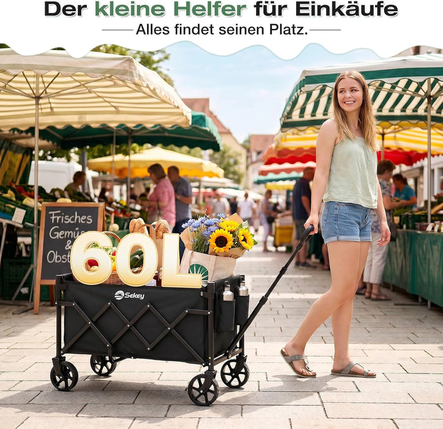 Sekey Handcart Foldable Mini 4029, Handcart Foldable Small 60L 80 kg | Foldable shopping cart camping trolley with height-adjustable handle, lightweight, space-saving and stable, black
