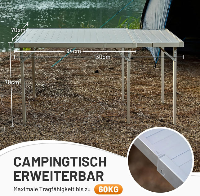 Timber Ridge Folding Camping Table Garden Table Extendable for 4-6 People | 94/130x70 cm Aluminium Klapptisch Höhenverstellbar Camping Falttisch mit Tragetasche für Picknick Camping Garten Outdoor