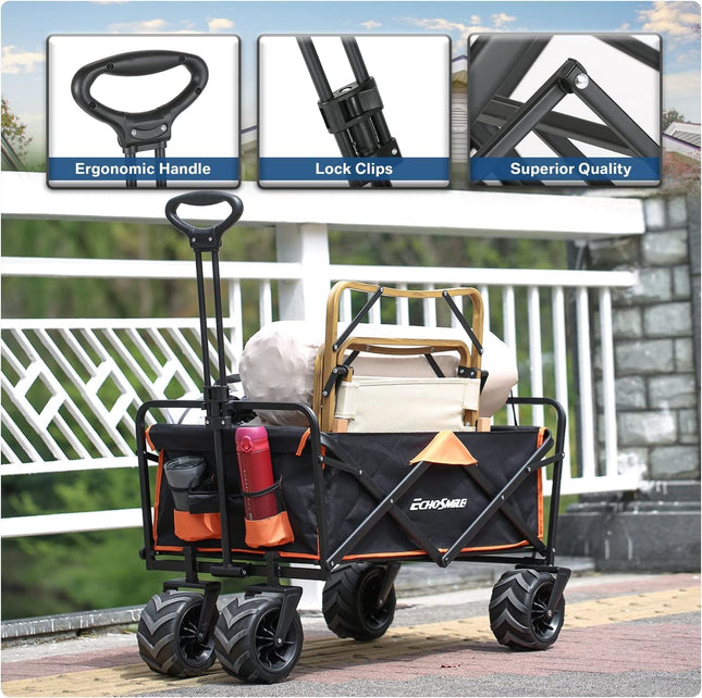 EchoSmile Handcart Foldable 200 L 160 kg, Hand Trolley, Transport Trolley, Foldable with Adjustable Handle and Side Pockets, Wide Wheels, All-Terrain Beach Trolley, Garden Trolley, Shopping Trolley, Black & Orange