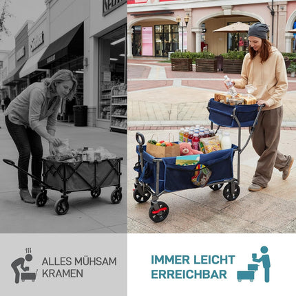 EVER ADVANCED Bollerwagen faltbar schieben&ziehen mit Bremse Einkaufskorb Getränkhalter Seitentasche Handwagen klappbar Strandwagen bis 120kg Faltwagen Transportwagen für Camping