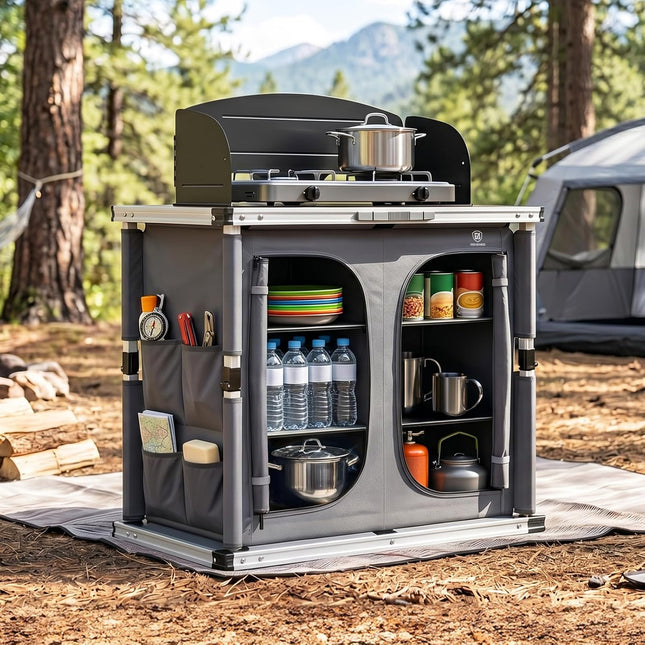 EVER ADVANCED XXL Campingküche Outdoor Faltbar mit Windschutz Campingschrank Klappbar Vorzelt mit Aluminiumgestell & Tragetasche Camping Regal Campingmöbel Küchenbox