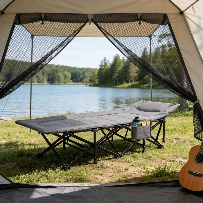 Sekey Folding Camping Bed with Padding & Side Pocket, up to 190 x 71 x 36 cm, Oversized Sleeping Area, Camping Lounger / Sun Lounger for Outdoor & Indoor - Ideal for Garden, Camping, Festival and Travel