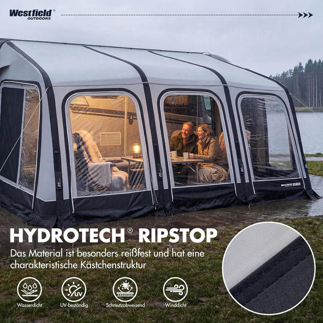 Westfield Outdoors Ceres 7 Inflatable Awning for Caravans, Height 235-260 cm, W 510 x D 250 cm, 3000 mm Hydrostatic Head, UV & Wind Resistant, Removable Walls, One-Point Inflation System, Includes Air