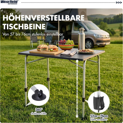 Westfield Outdoors Viper 80 Camping Table, Height Adjustable Garden Table, 80 x 60 cm Table Top for 2-4 People, Durable and Easy to Clean, Foldable, for Camping, Garden and Caravan