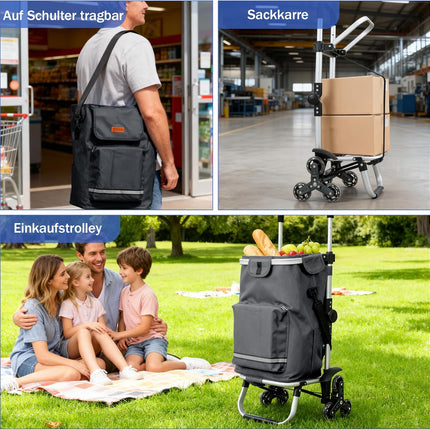 Sekey XXL Shopping Trolley Stair Climber with 3 Wheels, Shopping Trolley for Camping and Shopping with Height-Adjustable Handle, Aluminium 3-in-1 Trolley, Includes Cooling Compartment and Drinks Compartment, Grey