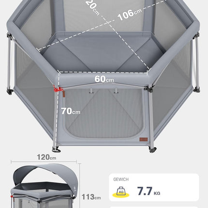 EVER ADVANCED Playpen Baby Foldable with Mattress Playpen Baby with Parasol, Safe Travel Run for Toddlers Indoor and Outdoor Use, Staibiler Children's Playpen 6 Square Playpen