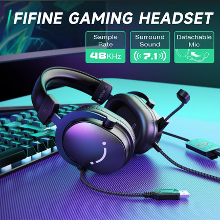 FIFINE Gaming Headset with Microphone, Over Ear Headphones with Cable, USB Headset for PC PS4 PS5 Xbox Switch, RGB Headphone with 7.1 Surround Sound and Ear Pads