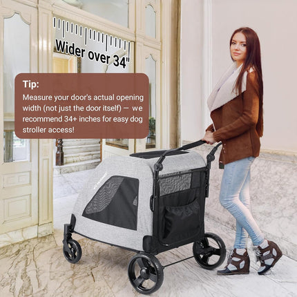 EchoSmile Dog Pram for Medium and Large Dogs up to 70 kg, Foldable Dog Buggy with Mesh Windows, Adjustable Handle and 4 Off-Road Wheels, Grey