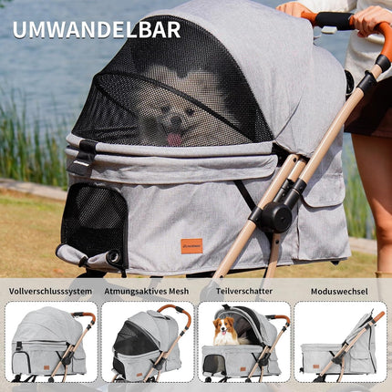 EchoSmile One-button folding dog pram, dog buggy up to 20 kg for small, medium dogs and cats, dog buggy and cat pram with reversible handle, shock absorption and removable washable pad (grey)