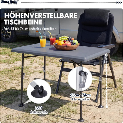 Westfield Outdoors Resino, Folding Camping Table, Height Adjustable, Folding Table, 100 x 68 cm, for 4-6 People, Robust ABS Table Top, Waterproof and Stable, for Camping, Garden, Picnic, Grey