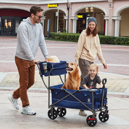 EVER ADVANCED Bollerwagen faltbar schieben&ziehen mit Bremse Einkaufskorb Getränkhalter Seitentasche Handwagen klappbar Strandwagen bis 120kg Faltwagen Transportwagen für Camping
