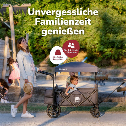 elvent SmartCruiser Premium Handcart - Foldable Handcart with Roof, Seat Cushion, Rear Bag, Parking Brake, Off-Road Tyres, 5-Point Harness, for 2 Children, Telescopic Pull Rod (Blue)