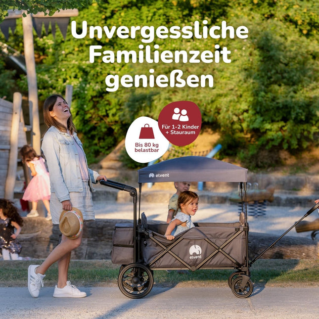 elvent SmartCruiser Premium Handcart - Foldable Handcart with Roof, Seat Cushion, Rear Bag, Parking Brake, Off-Road Tyres, 5-Point Harness, for 2 Children, Telescopic Pull Rod (Blue)