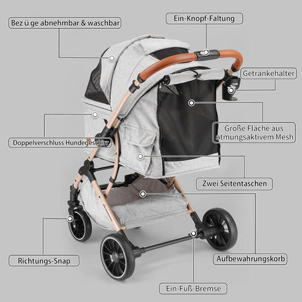 EchoSmile One-button folding dog pram, dog buggy up to 20 kg for small, medium dogs and cats, dog buggy and cat pram with reversible handle, shock absorption and removable washable pad (grey)