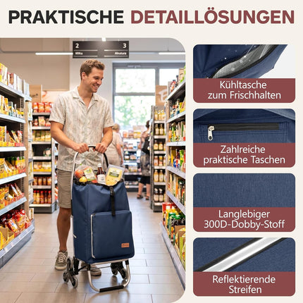 Sekey Shopping Trolley Stair Climber Foldable XXL Shopping Bag with Cooling Compartment, Lightweight Aluminium Frame, 3+3 Wheels for Stairs, Foldable Shopping Trolley Suitable for Seniors Stairs in