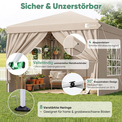 Sunula Gazebo 3 x 3 Waterproof Stable Winterproof with 4 Side Walls, Folding Gazebo 3 x 3 m with Thickened Tubes, Party Tent, Garden Gazebo, Folding Tent (Khaki, 3 x 3 with Side Walls)