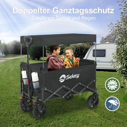 Sekey XXL Handcart Foldable Children's S4018 150L 150 kg Hand Trolley with Roof | Transport trolley with sun protection, folding handcart with off-road tyres with brake for excursions, beach, camping, black