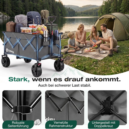 Sekey XXL Plus 4011 Handcart Foldable 200 L 200 kg All-Terrain Tyres | Folding handcart extra wide wheels with brake hand cart, patented 4-way instant assembly transport trolley, anthracite