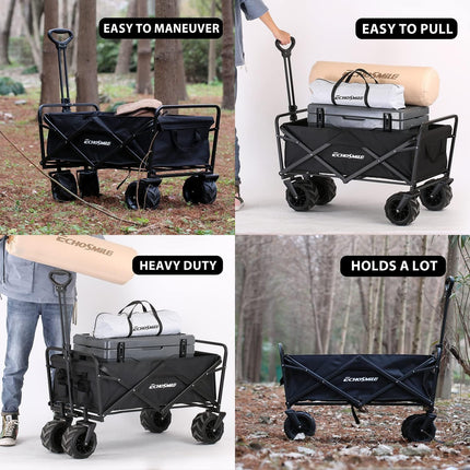 EchoSmile Handcart Foldable 200 L 160 kg, Hand Trolley, Transport Trolley, Foldable with Adjustable Handle and Side Pockets, Wide Wheels, All-Terrain Beach Trolley, Garden Trolley, Shopping Trolley, Black