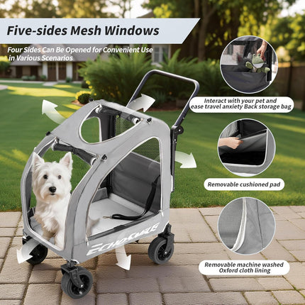 EchoSmile Dog Pram for Small and Medium Dogs up to 20 kg, Off-Road Foldable Dog Buggy with Double Brakes, Seat Belts in Car and Mesh Windows, Grey